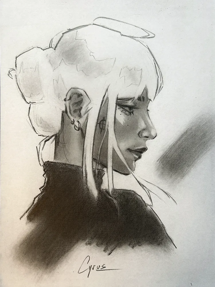 Charcoal self-portrait in profile, white hair